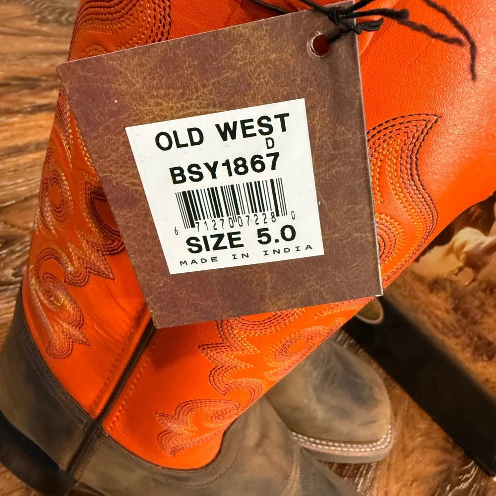 NEW Old West Kids Size 5 Brown Orange Leather Square Toe Cowboy Boots Western